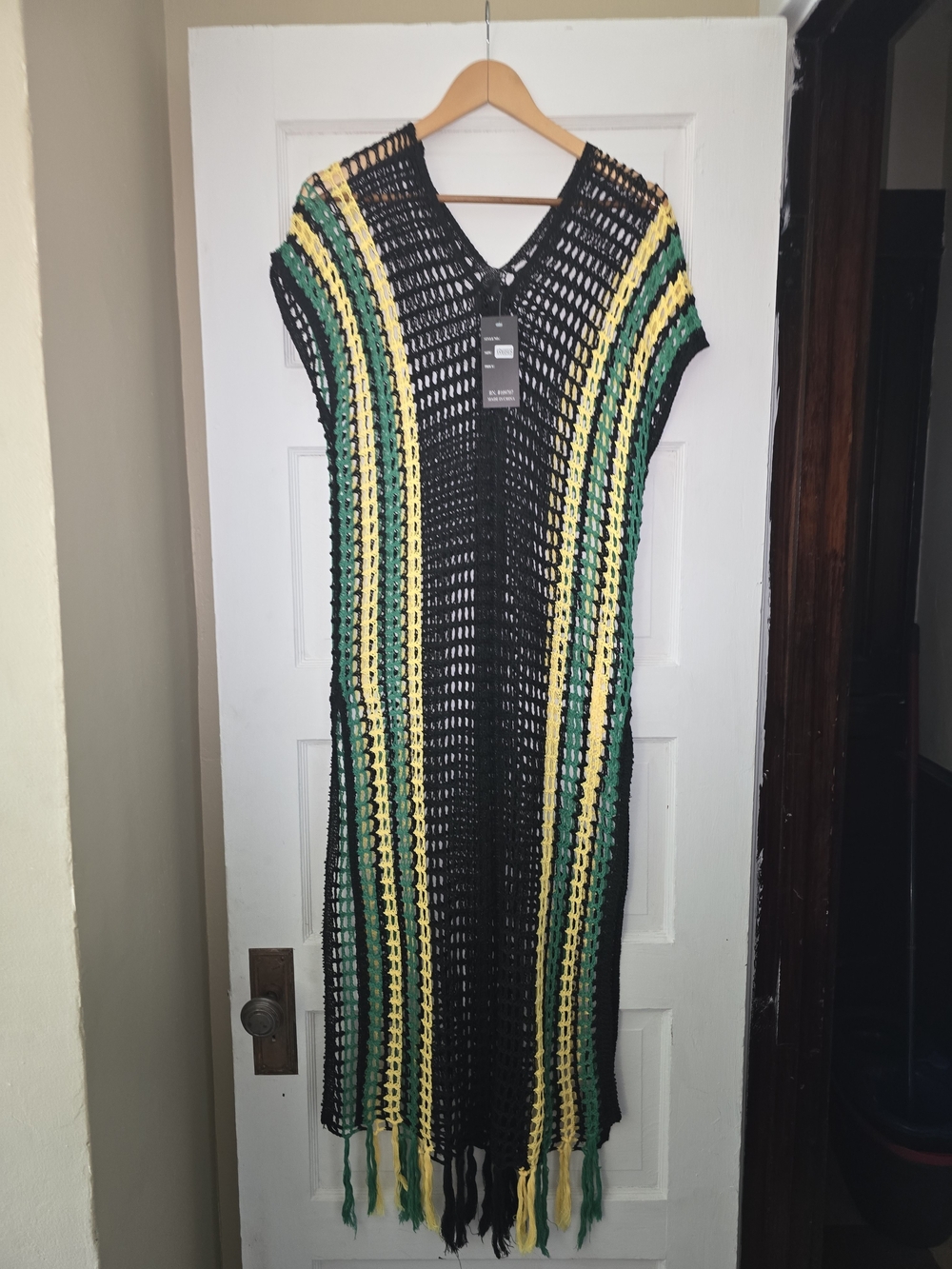 Donna Karan Black Crochet Fringe Maxi Coverup with Green & Yellow Stripes